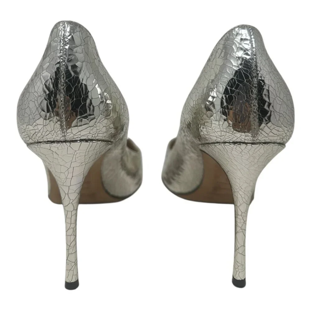 Sergio Rossi Godiva Platinum Mirror Grained Leather Pointed Toe 90mm Pumps 10